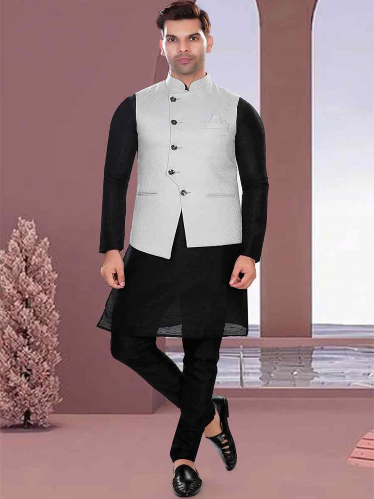 Black Art Silk Woven Festival Party Kurta
