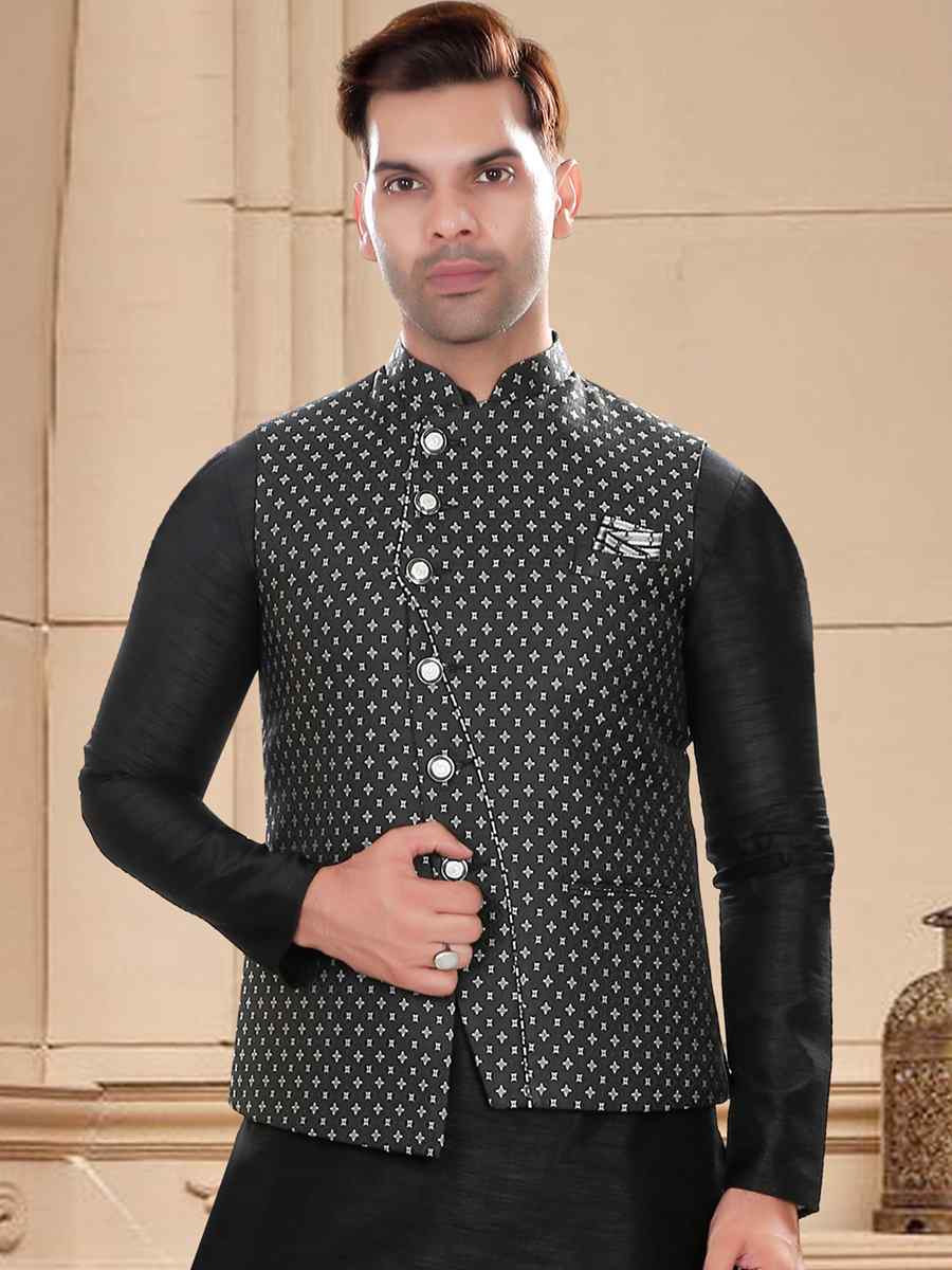 Black Art Silk Woven Festival Party Kurta