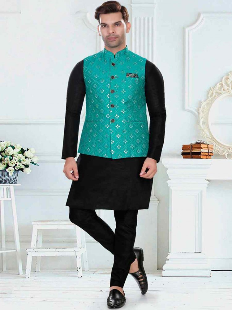 Black Art Silk Woven Festival Party Kurta