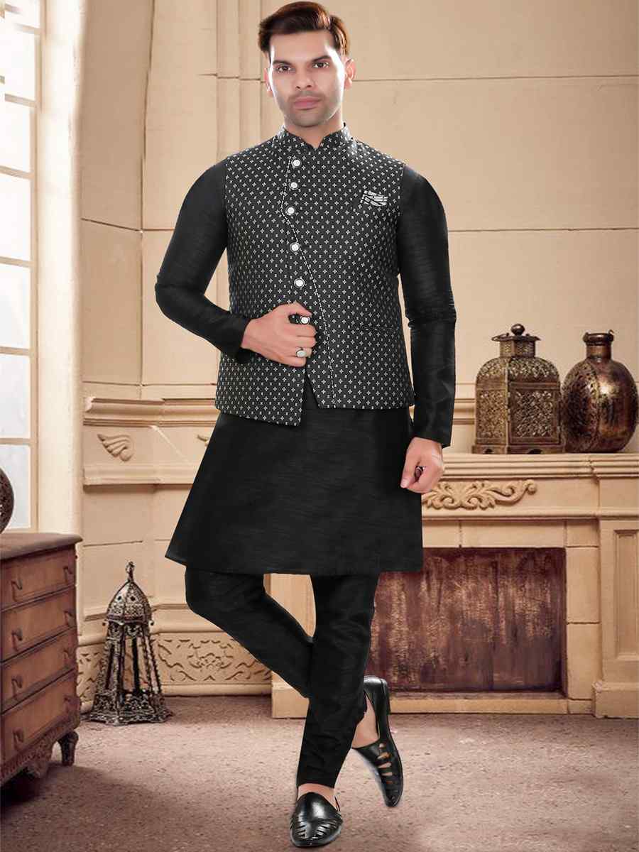 Black Art Silk Woven Festival Party Kurta