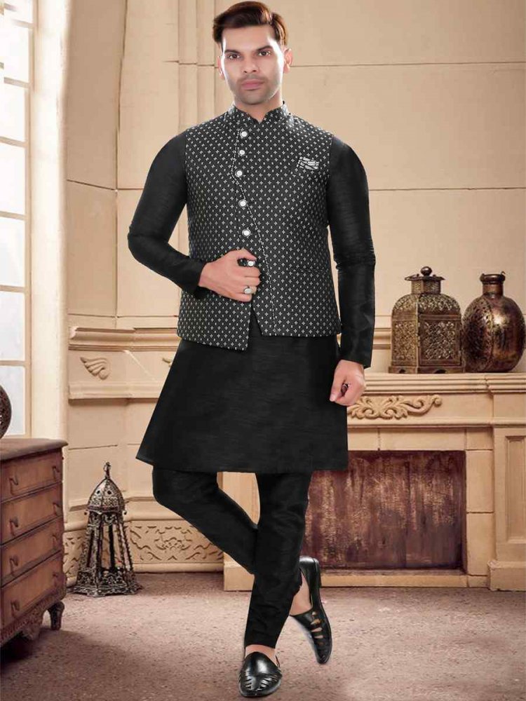 Black Art Silk Woven Festival Party Kurta