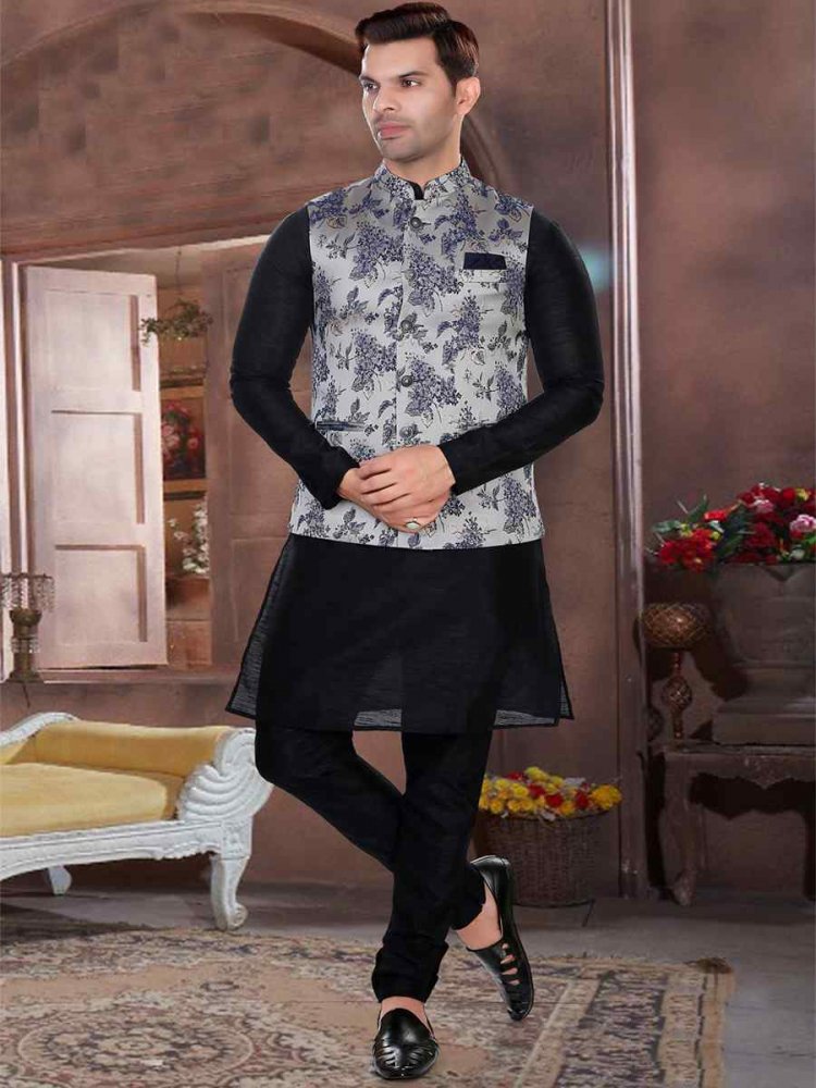 Black Art Silk Woven Festival Party Kurta