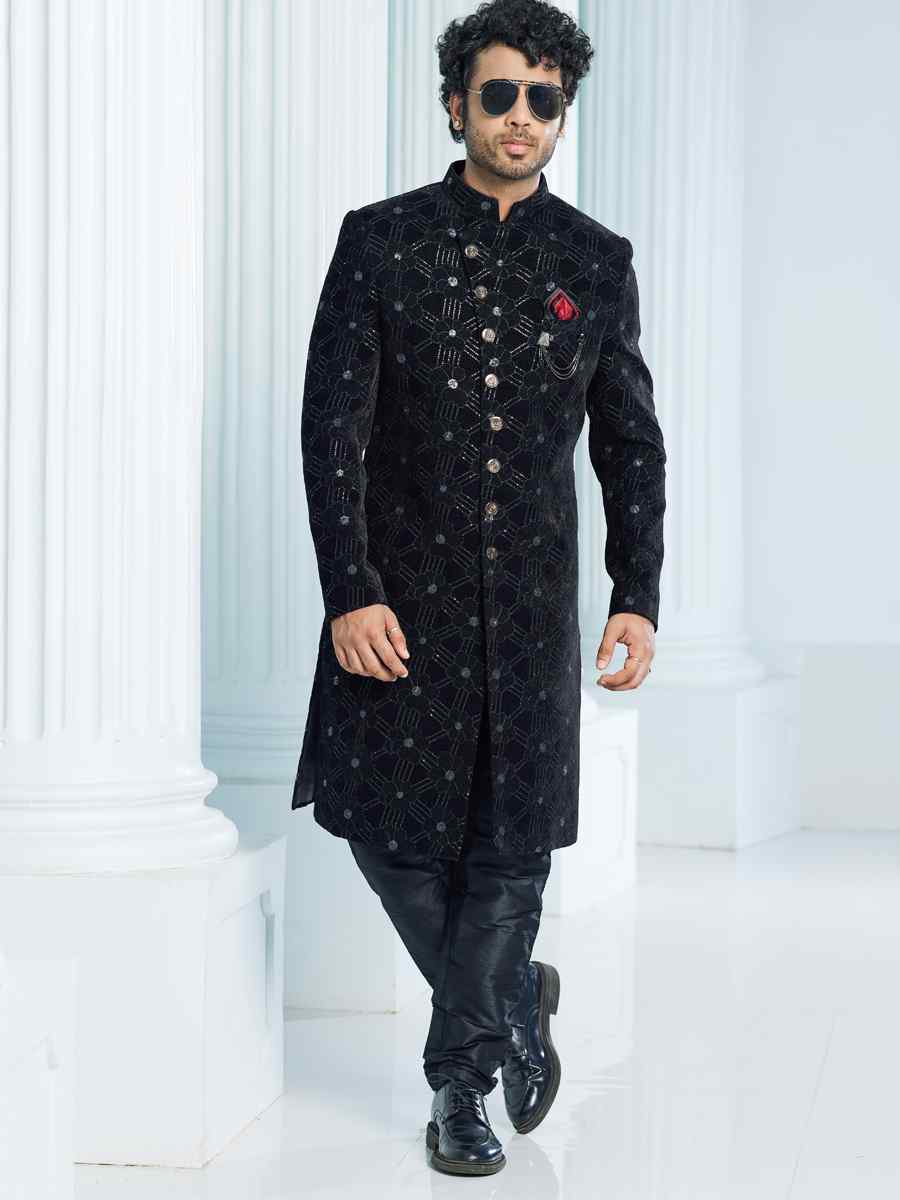 Black Art Silk Woven Wedding Groom Sherwani