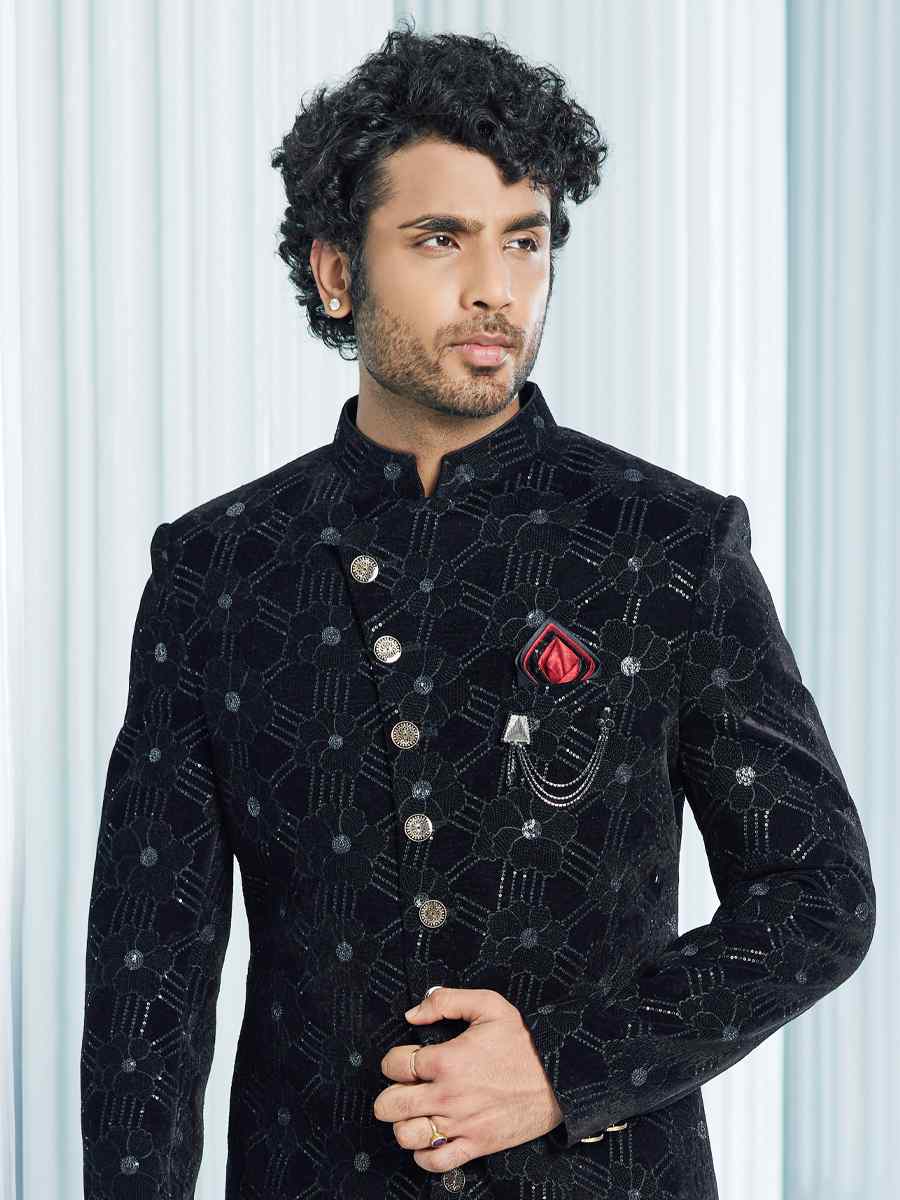 Black Art Silk Woven Wedding Groom Sherwani