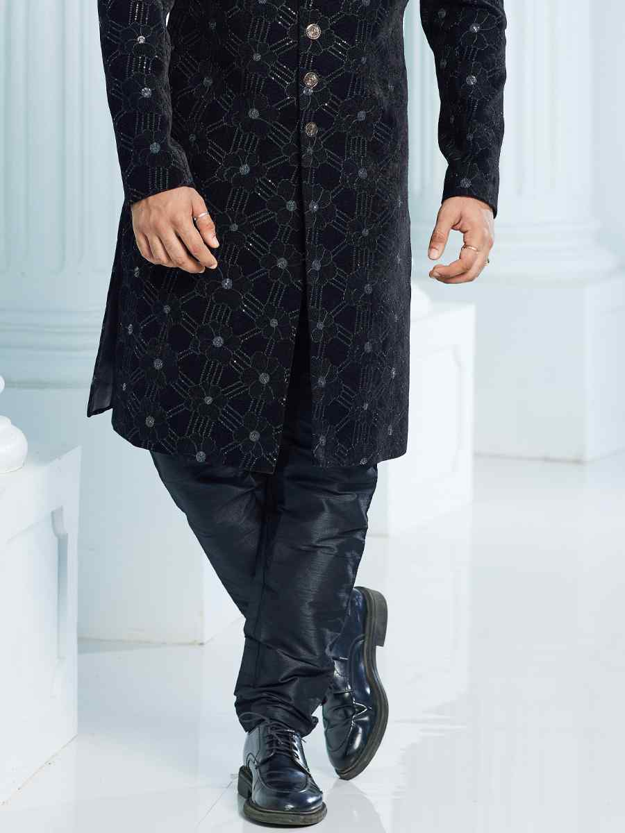 Black Art Silk Woven Wedding Groom Sherwani