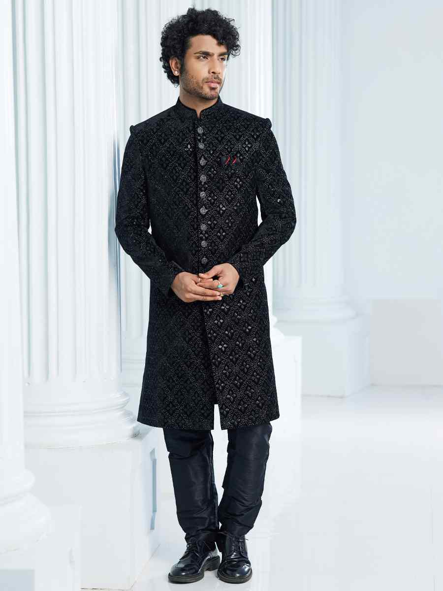 Black Art Silk Woven Wedding Groom Sherwani