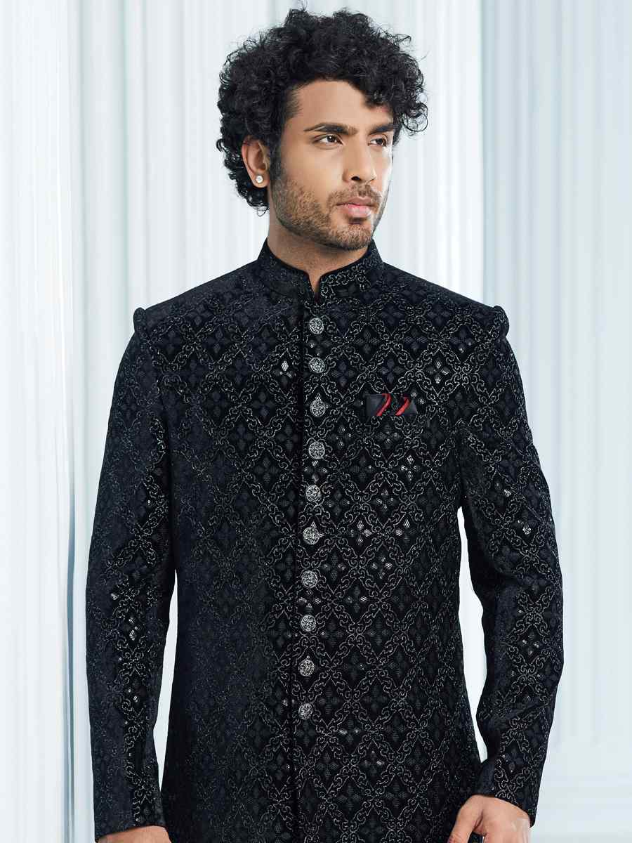 Black Art Silk Woven Wedding Groom Sherwani