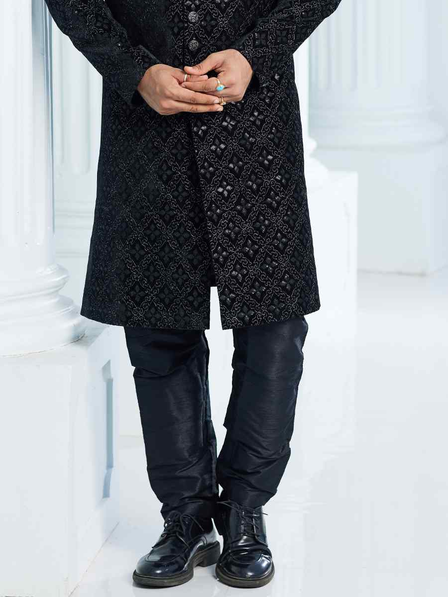 Black Art Silk Woven Wedding Groom Sherwani