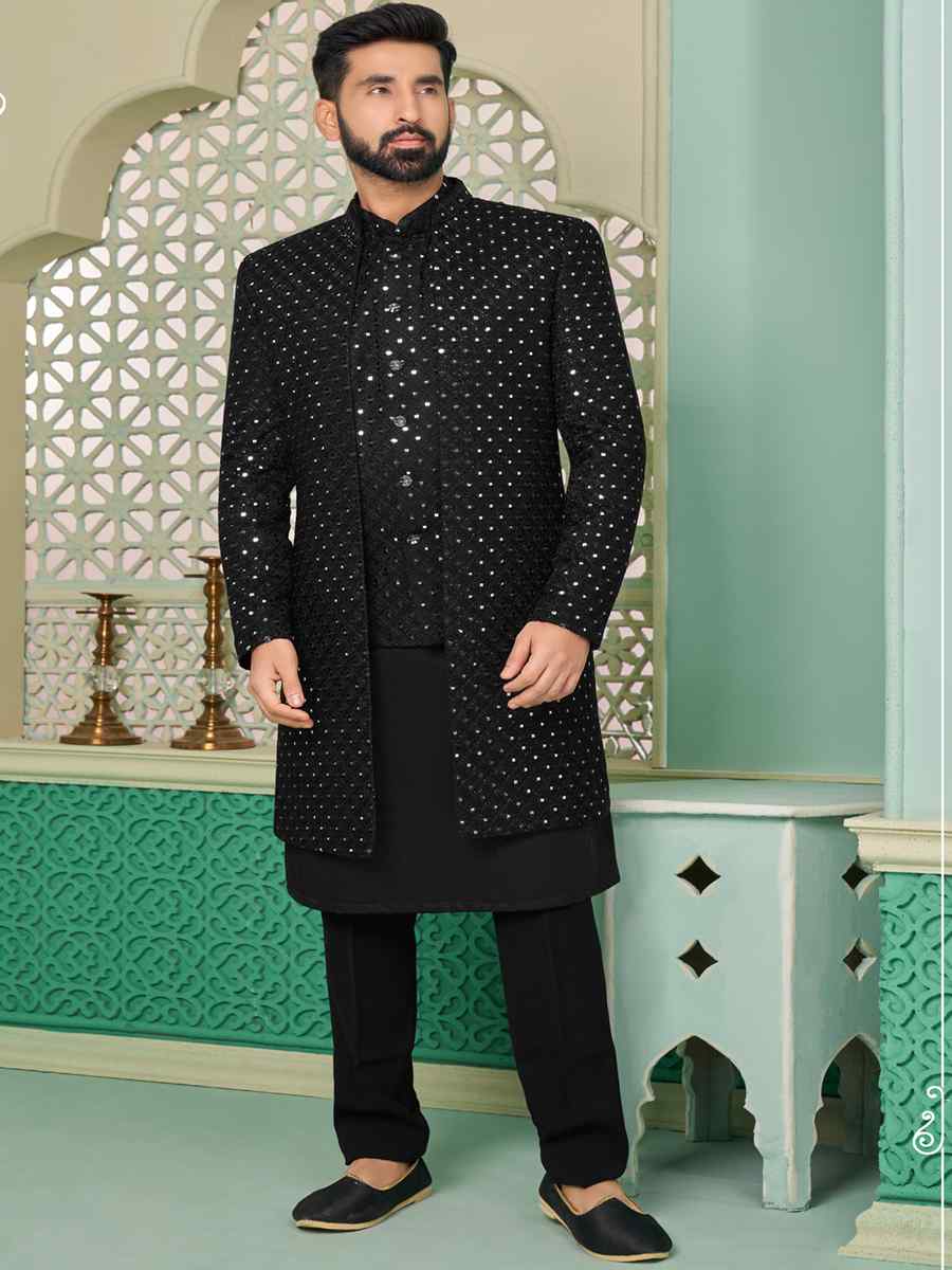 Black Art Velvet Embroidered Festival Wedding Sherwani