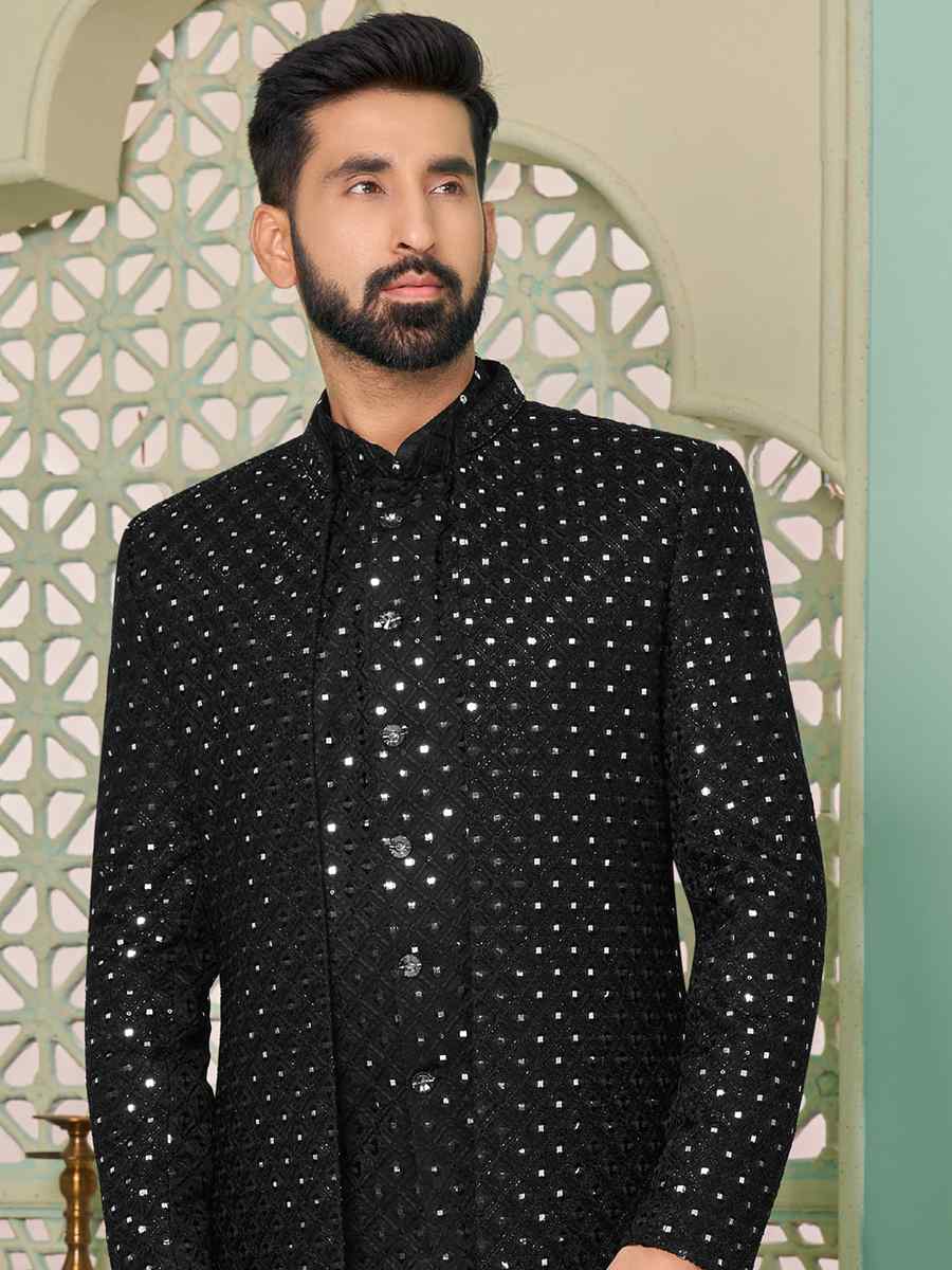 Black Art Velvet Embroidered Festival Wedding Sherwani