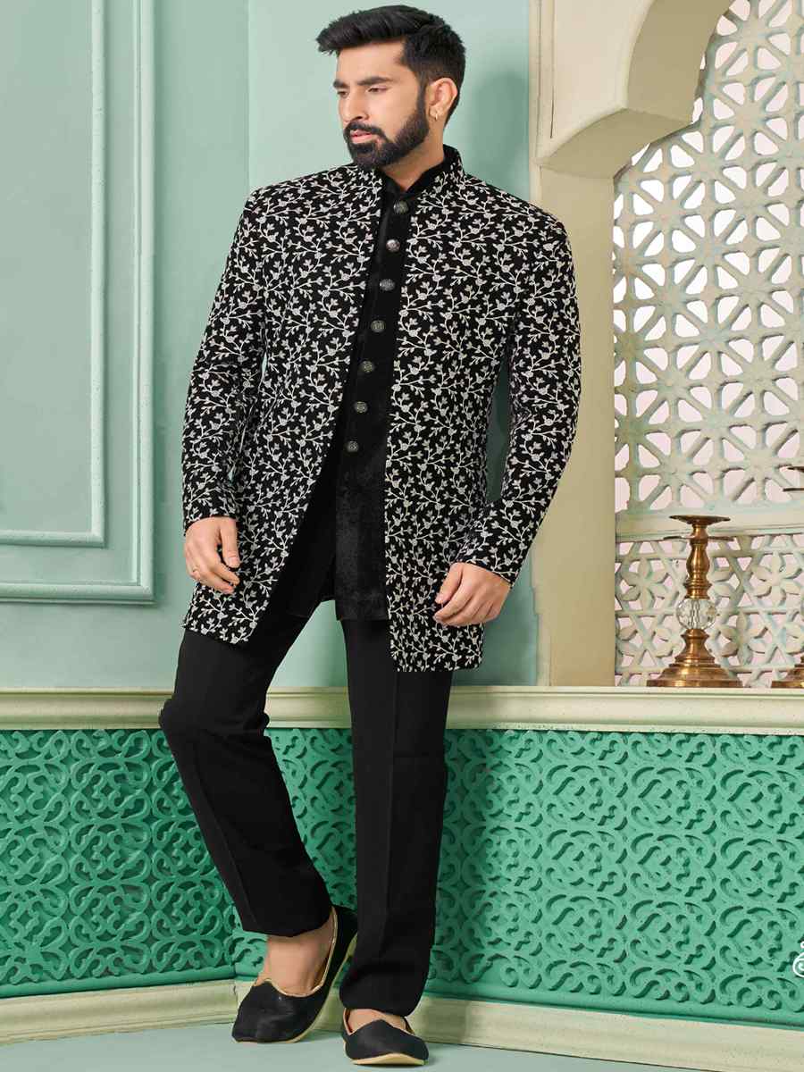 Black Art Velvet Embroidered Festival Wedding Sherwani