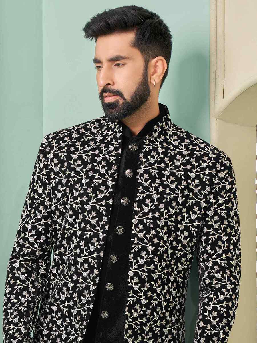 Black Art Velvet Embroidered Festival Wedding Sherwani