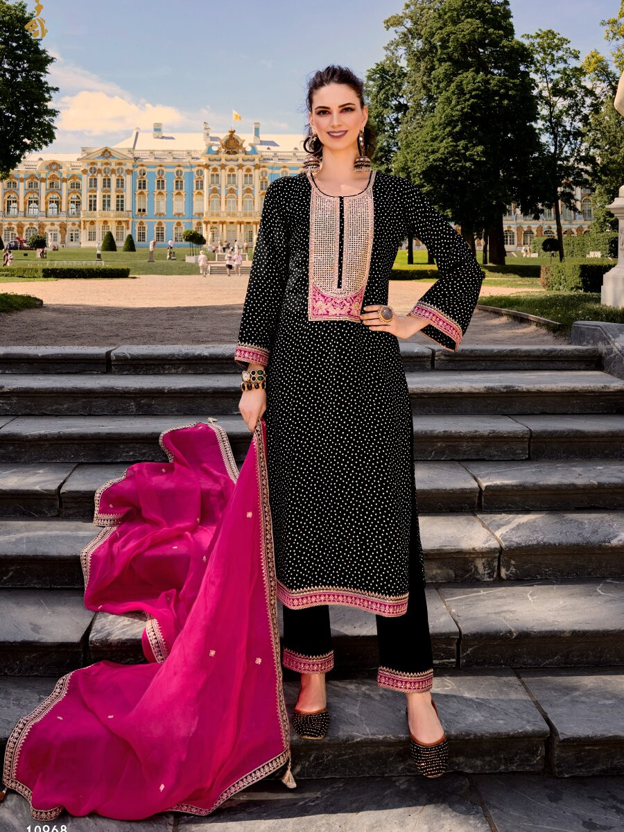 Black Bambarg Russian Silk Embroidery Digital Printed Wedding Party Festival Casual Pant Salwar Kameez