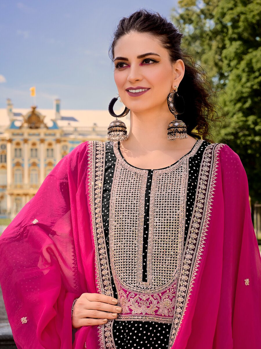 Black Bambarg Russian Silk Embroidery Digital Printed Wedding Party Festival Casual Pant Salwar Kameez