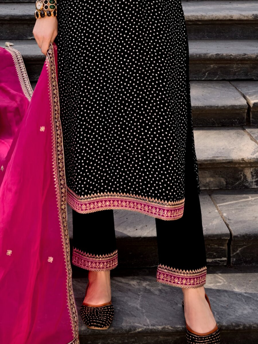 Black Bambarg Russian Silk Embroidery Digital Printed Wedding Party Festival Casual Pant Salwar Kameez