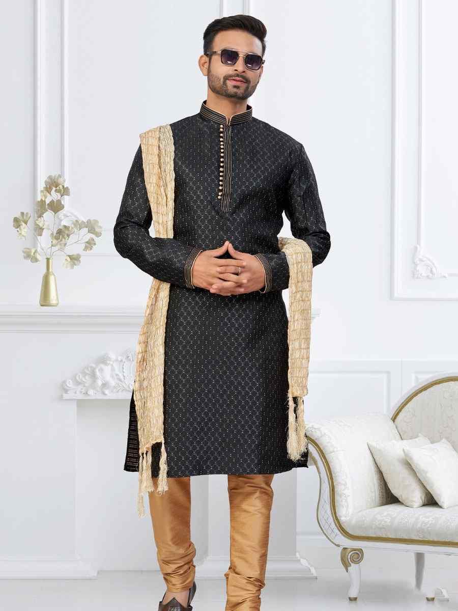 Black Banarasi Jackard Embroidery Festival Wedding Party Mens Kurta