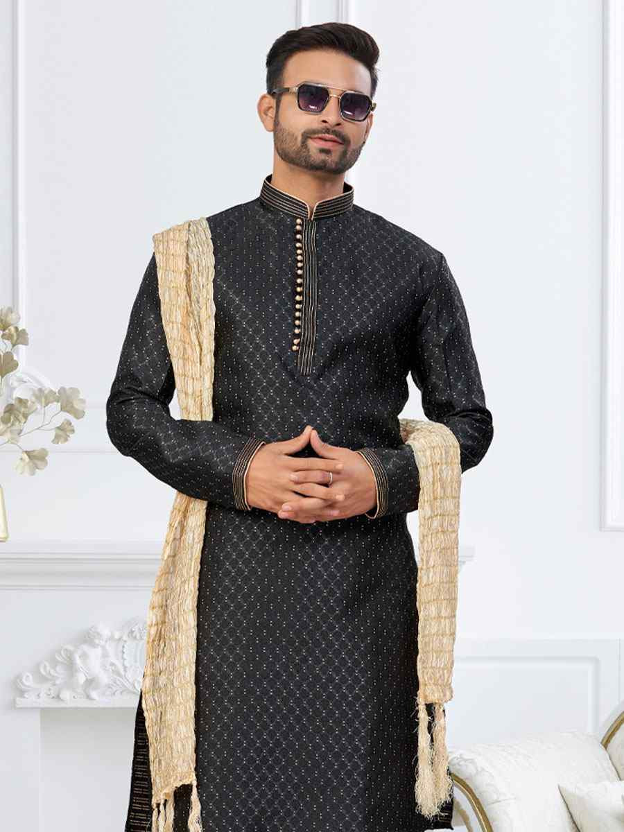 Black Banarasi Jackard Embroidery Festival Wedding Party Mens Kurta