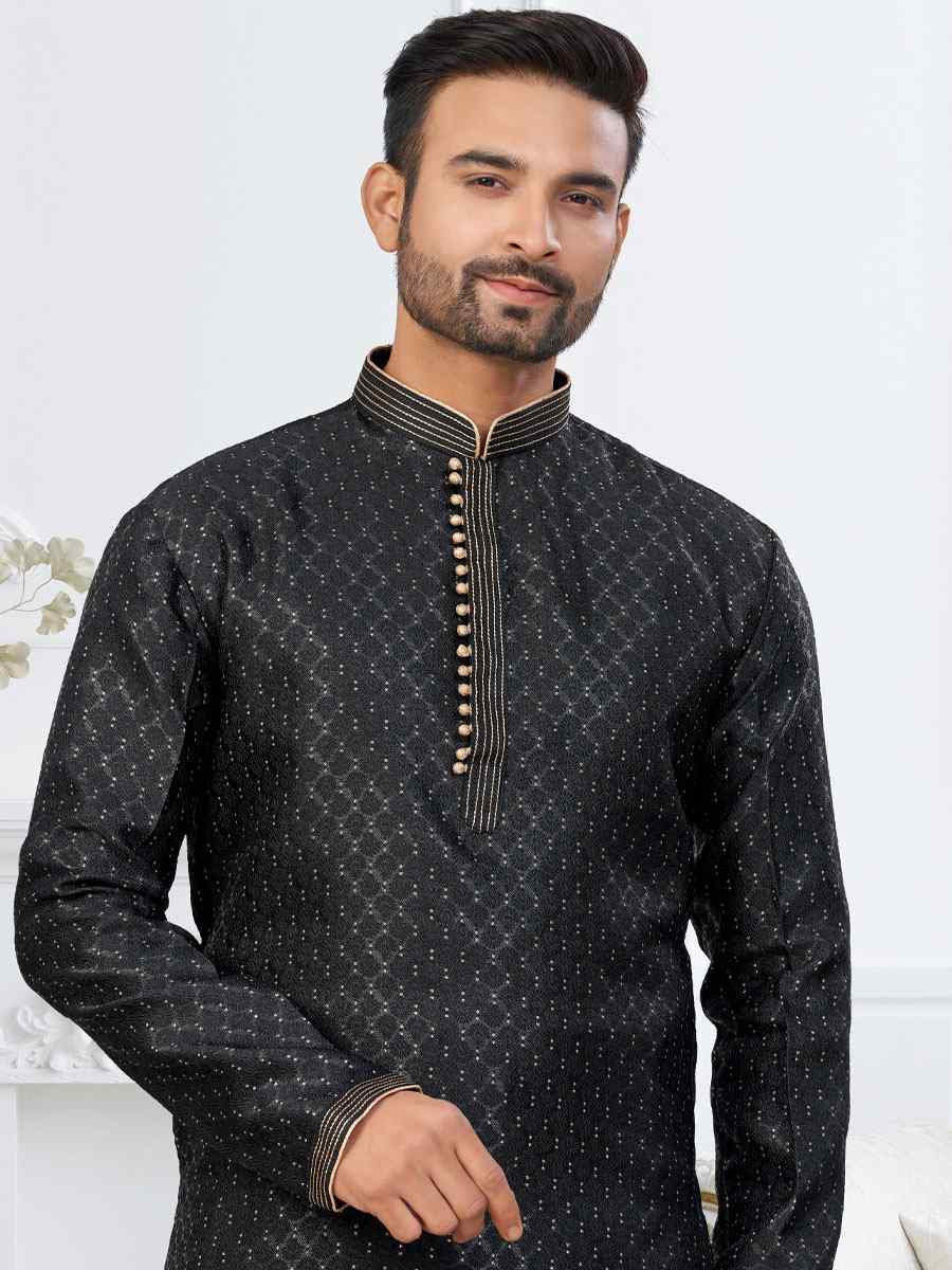 Black Banarasi Jackard Embroidery Festival Wedding Party Mens Kurta