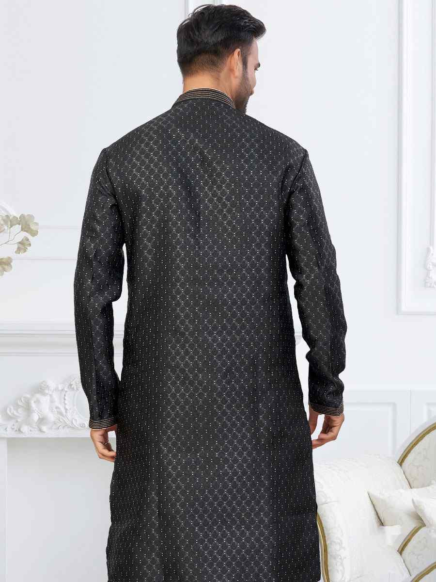 Black Banarasi Jackard Embroidery Festival Wedding Party Mens Kurta