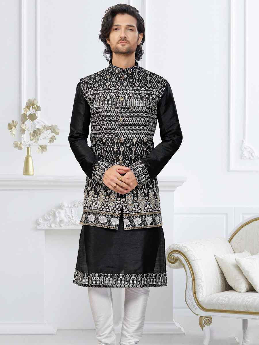 Black Banarasi Jackard Embroidery Festival Wedding Party Mens Kurta with Jacket