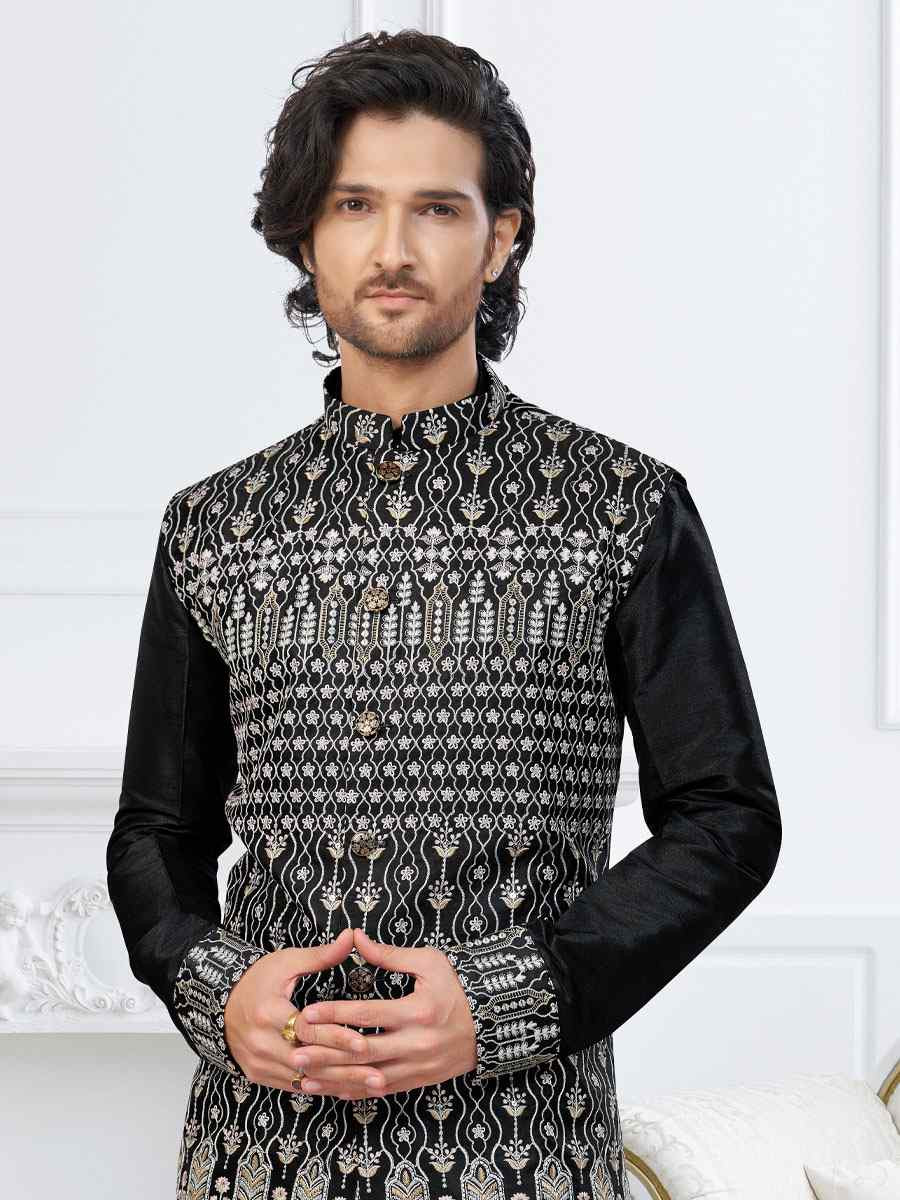 Black Banarasi Jackard Embroidery Festival Wedding Party Mens Kurta with Jacket