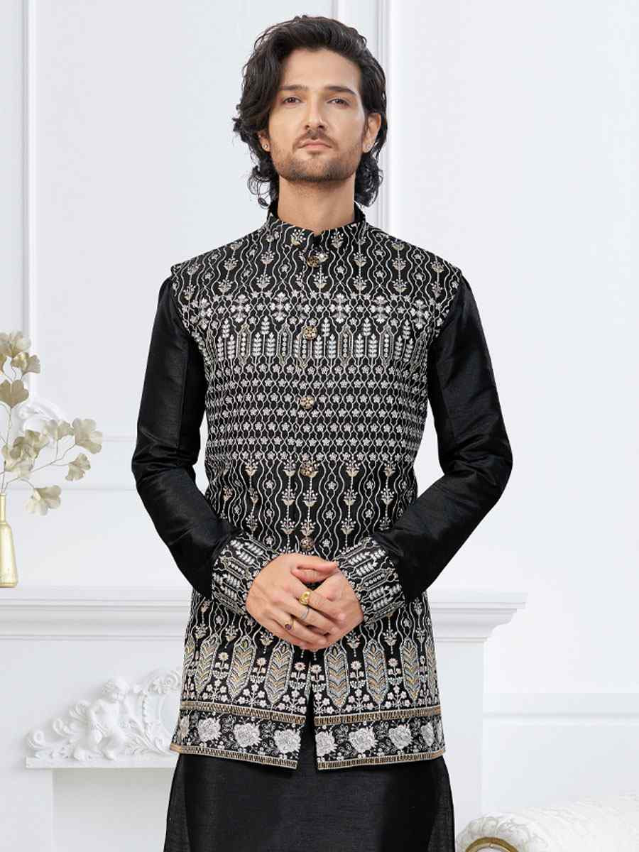 Black Banarasi Jackard Embroidery Festival Wedding Party Mens Kurta with Jacket
