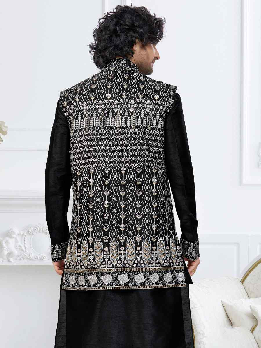 Black Banarasi Jackard Embroidery Festival Wedding Party Mens Kurta with Jacket