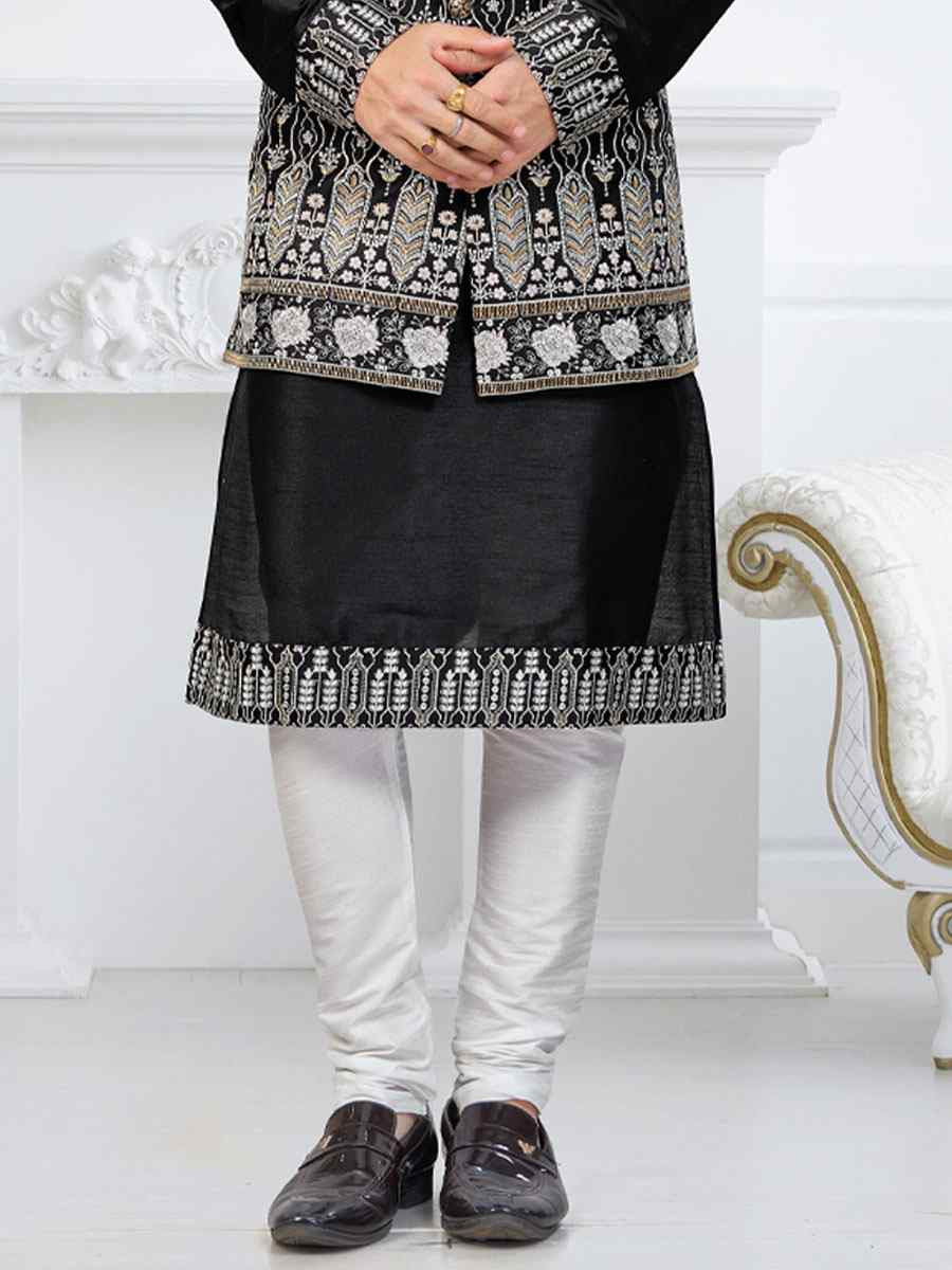 Black Banarasi Jackard Embroidery Festival Wedding Party Mens Kurta with Jacket