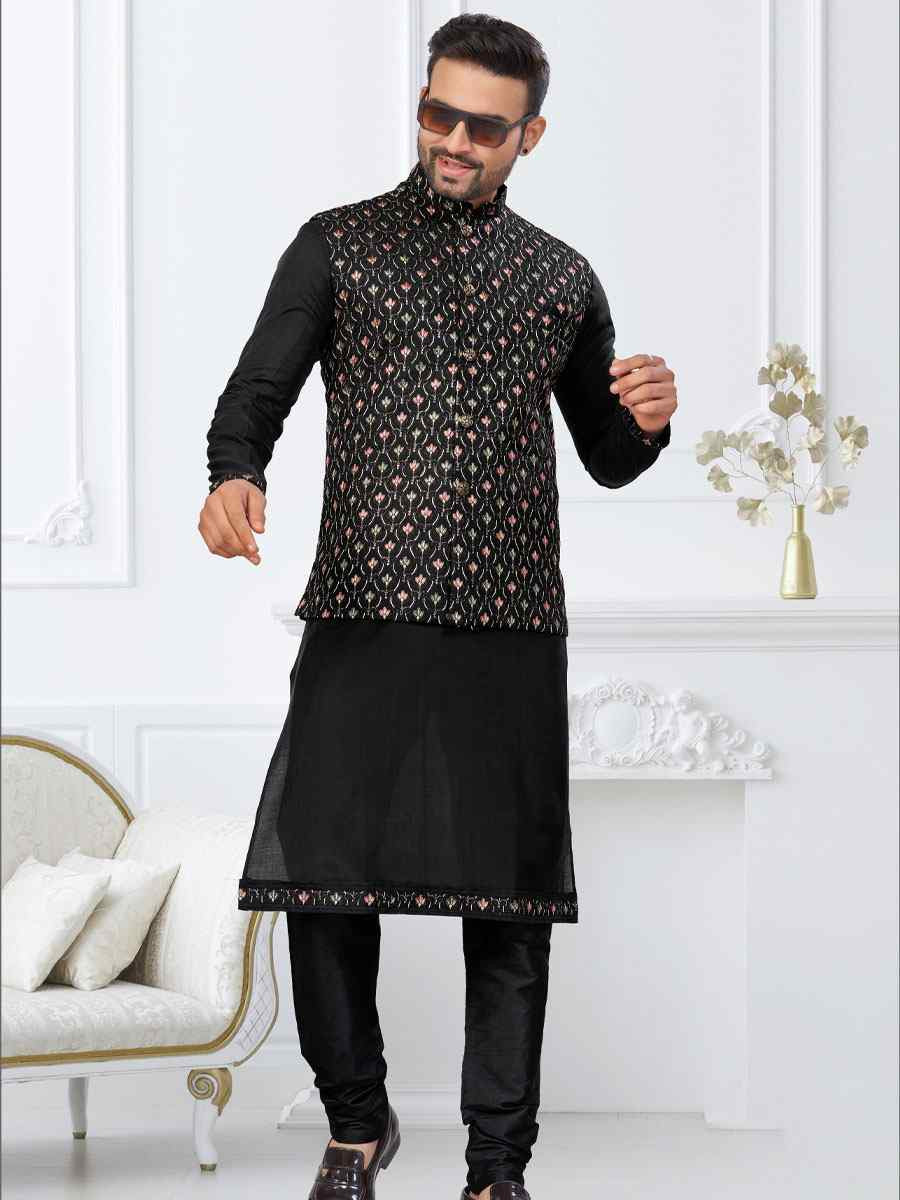 Black Banarasi Jackard Embroidery Festival Wedding Party Mens Kurta with Jacket