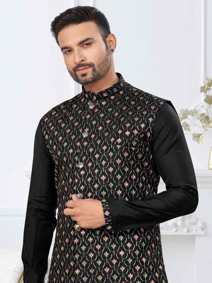 Black Banarasi Jackard Embroidery Festival Wedding Party Mens Kurta with Jacket