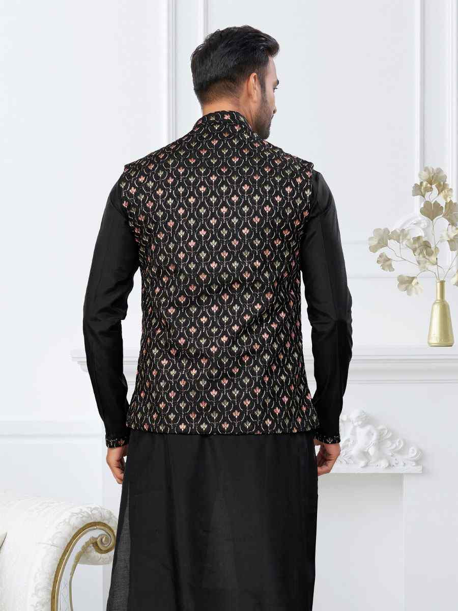 Black Banarasi Jackard Embroidery Festival Wedding Party Mens Kurta with Jacket