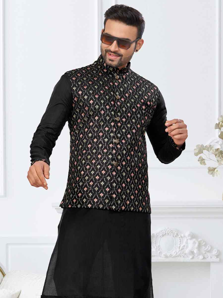 Black Banarasi Jackard Embroidery Festival Wedding Party Mens Kurta with Jacket