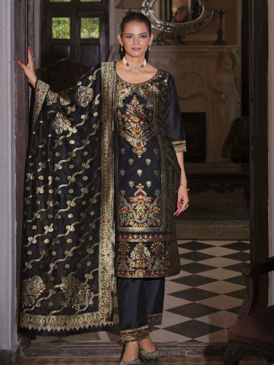 Black Banarasi Jacquard Silk Embroidered Festival Mehendi Ready Pant Salwar Kameez