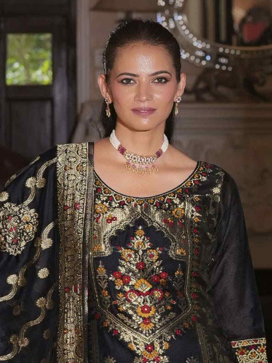 Black Banarasi Jacquard Silk Embroidered Festival Mehendi Ready Pant Salwar Kameez