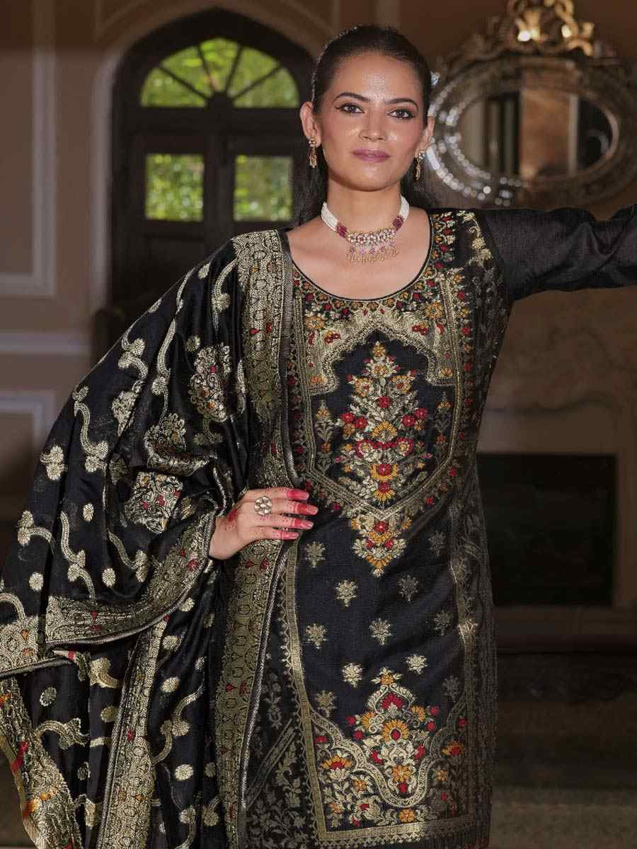 Black Banarasi Jacquard Silk Embroidered Festival Mehendi Ready Pant Salwar Kameez