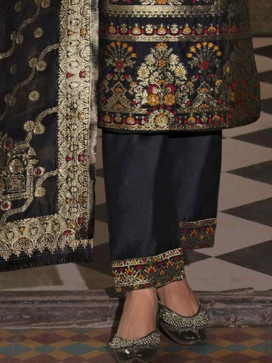 Black Banarasi Jacquard Silk Embroidered Festival Mehendi Ready Pant Salwar Kameez
