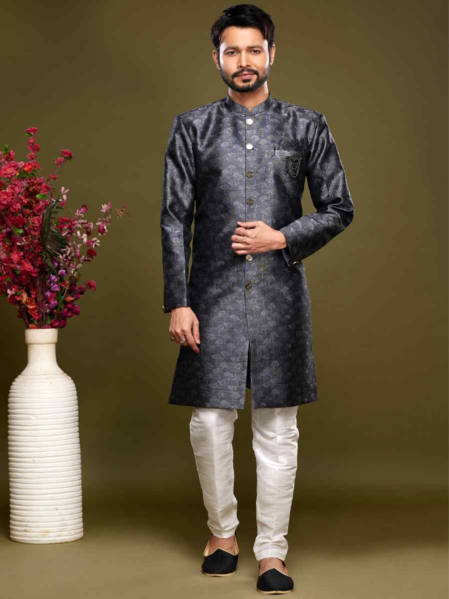 Black Banarasi Jacquard Woven Wedding Party Sherwani