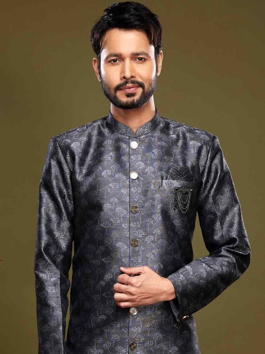 Black Banarasi Jacquard Woven Wedding Party Sherwani