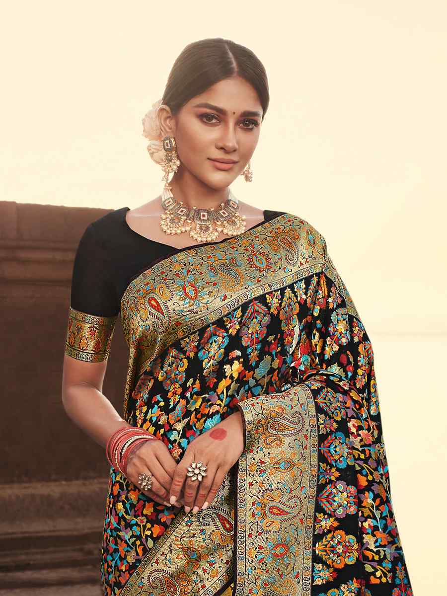 Black Banarasi Kora Silk Printed Festival Party Contemporary Saree