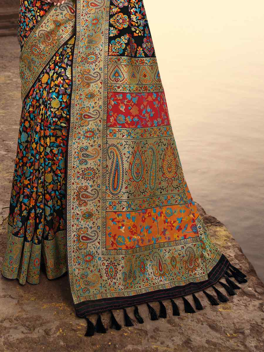 Black Banarasi Kora Silk Printed Festival Party Contemporary Saree