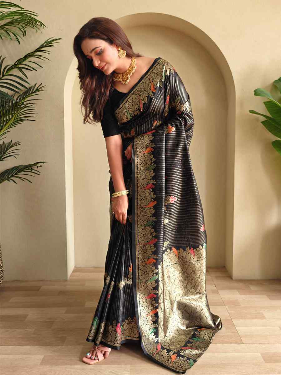 Black Banarasi Mushro Satin Silk Handwoven Festival Wedding Fancy Heavy Border Saree