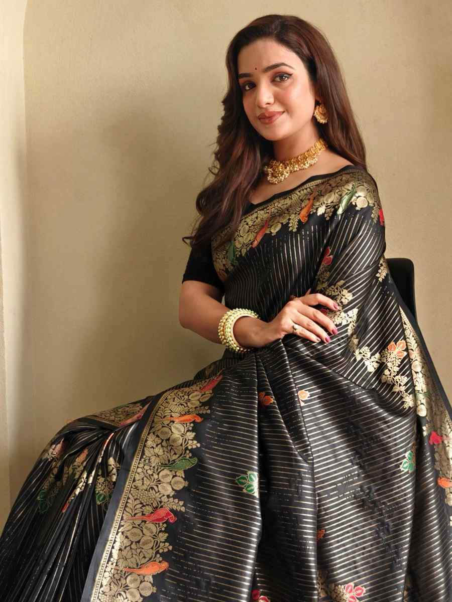 Black Banarasi Mushro Satin Silk Handwoven Festival Wedding Fancy Heavy Border Saree