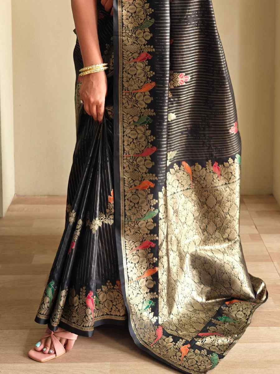 Black Banarasi Mushro Satin Silk Handwoven Festival Wedding Fancy Heavy Border Saree