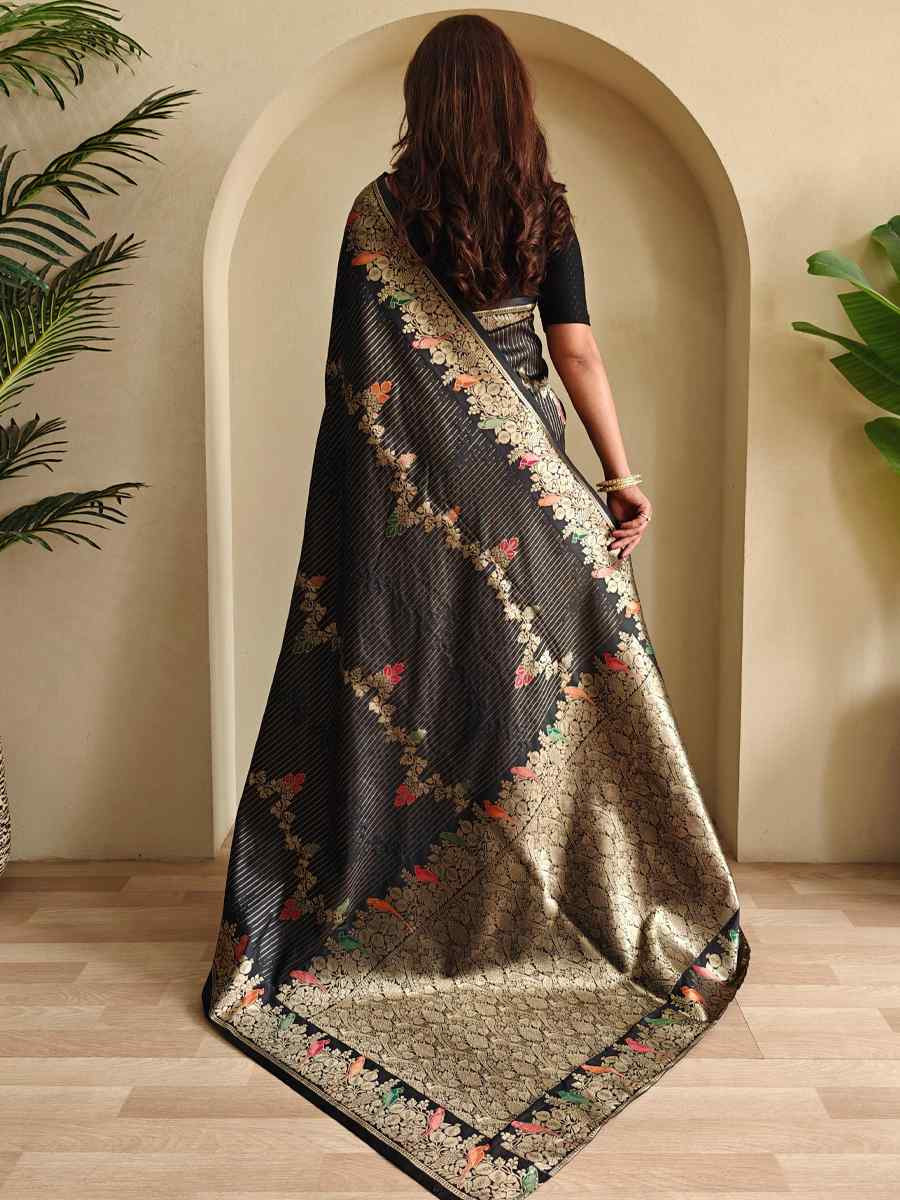 Black Banarasi Mushro Satin Silk Handwoven Festival Wedding Fancy Heavy Border Saree