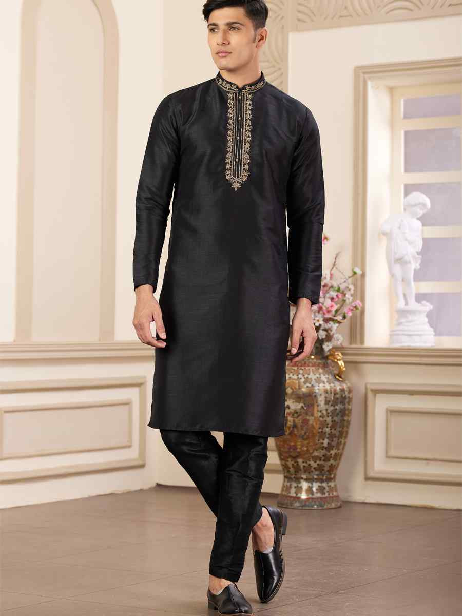 Black Banarasi Silk Embroidered Festival Party Kurta