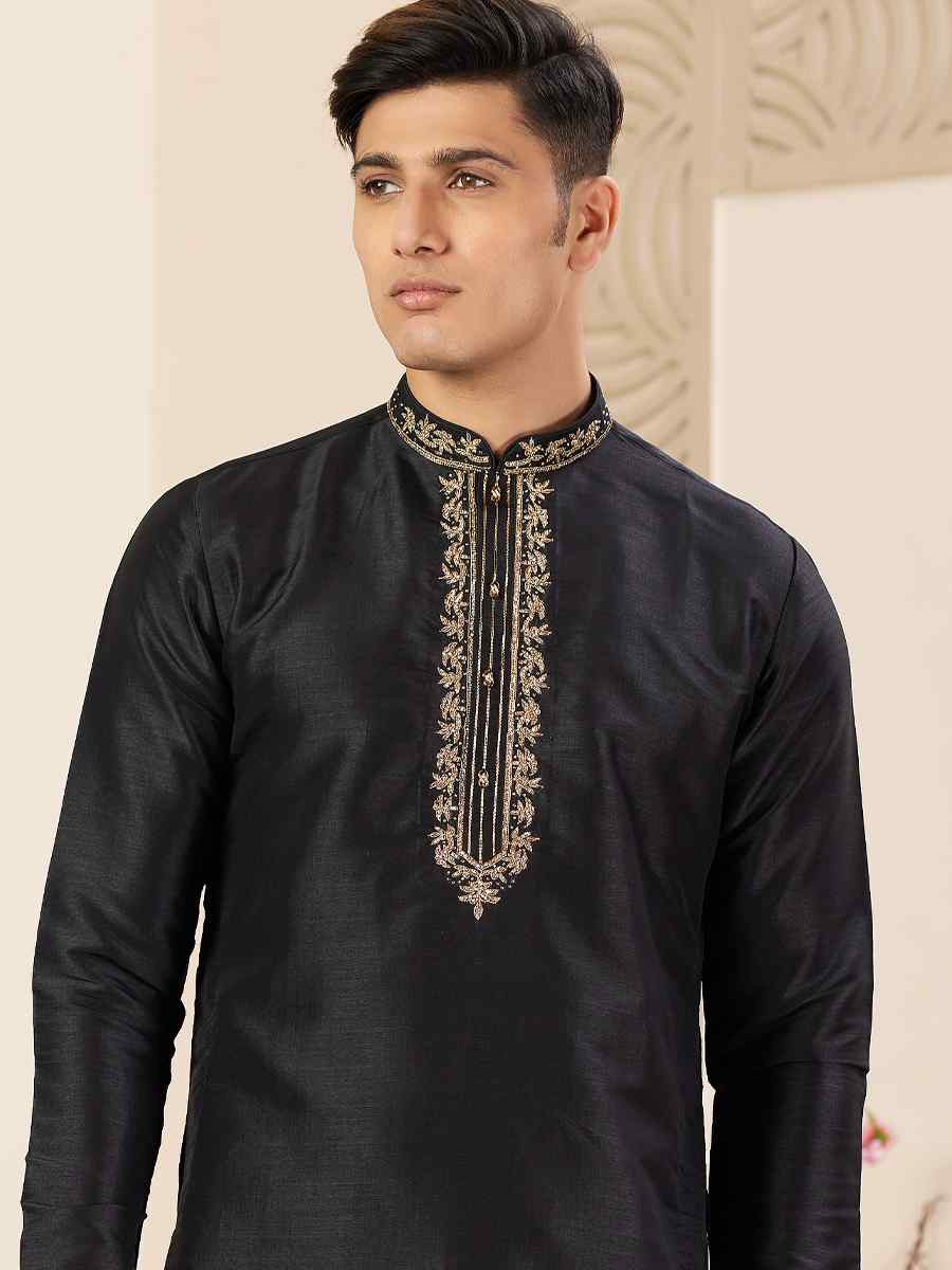 Black Banarasi Silk Embroidered Festival Party Kurta