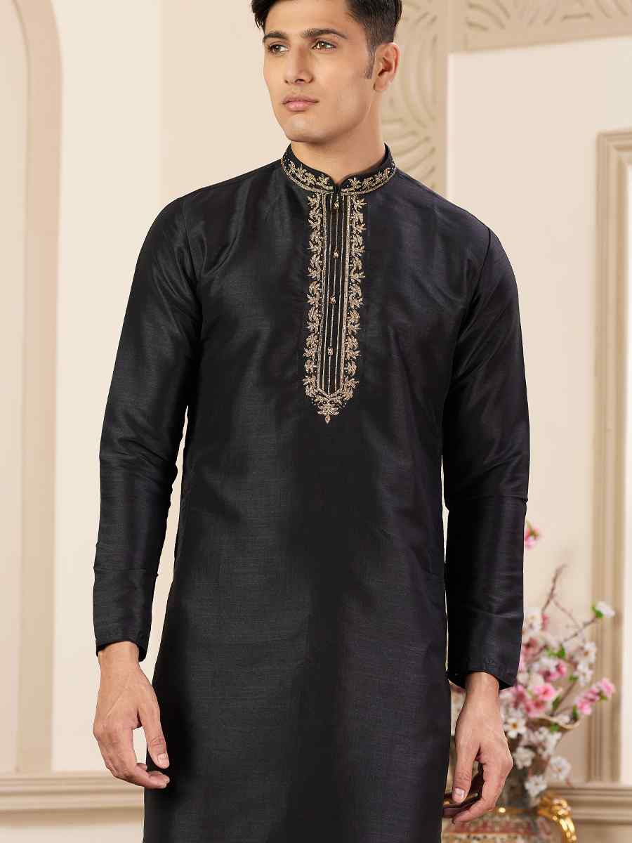 Black Banarasi Silk Embroidered Festival Party Kurta