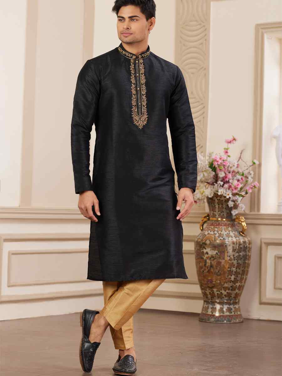 Black Banarasi Silk Embroidered Festival Party Kurta