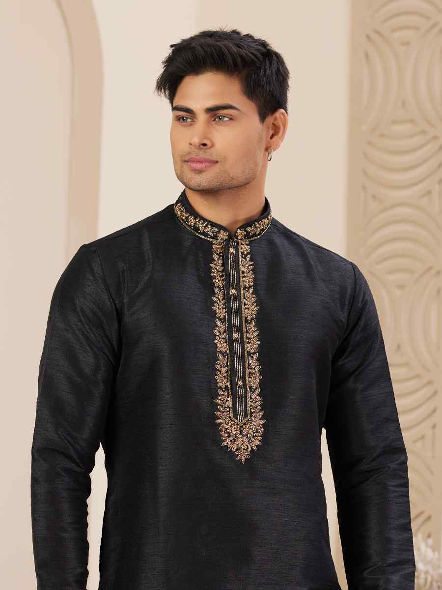 Black Banarasi Silk Embroidered Festival Party Kurta