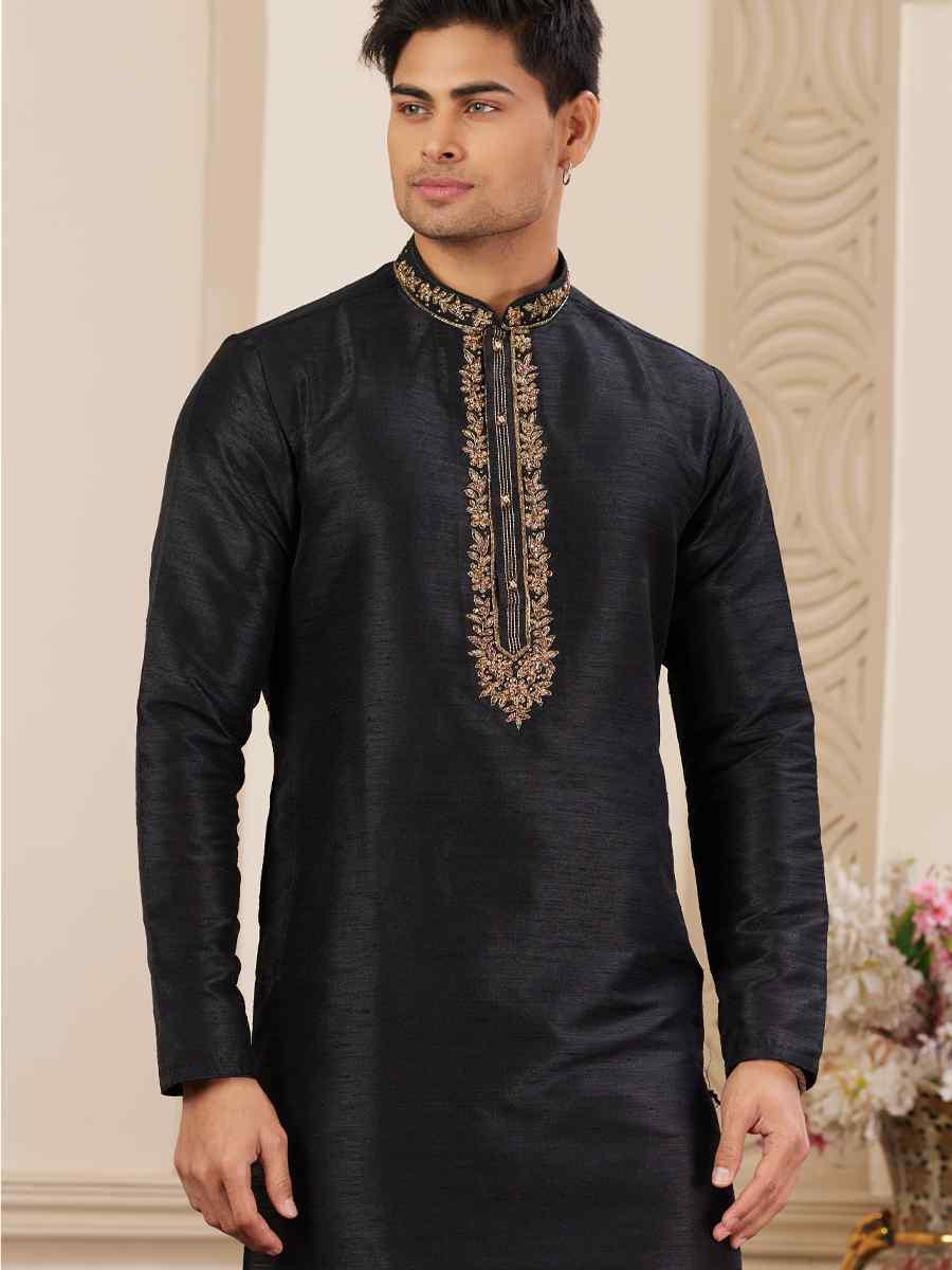 Black Banarasi Silk Embroidered Festival Party Kurta